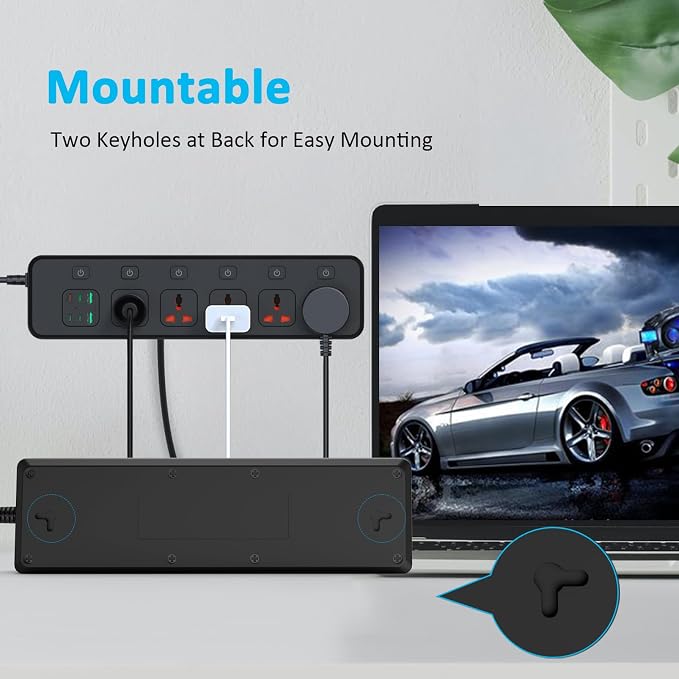 30W PD USB-C Fast Charging Power Strip,6 FT Extension Cord with Individual Outlet Switches, 5 Universal Sockets + 6 USB Ports, 110-240V 3000W Plug Adapter for Travel Home Office