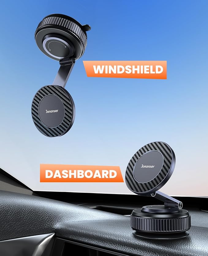 Suction Phone Mount for Car Dashboard/Windshield - 360°Adjustable Magnetic Phone Holder for Car, Foldable Car Phone Holder for iPhone 17/16/15/14/13/12 Series (Carbon Fiber & Aluminum Alloy)