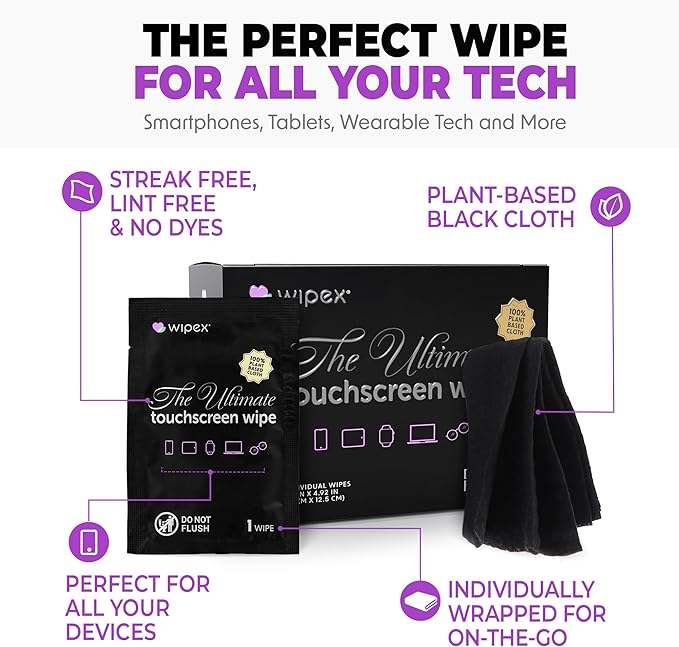 Wipex Screen Wipes for Electronics - 24 Individually Wrapped, Plant-Based Car Screen Cleaner and Computer Screen Wipes, Large Soft Phone Cloth (5.9"x4.92") - (2 Pack)