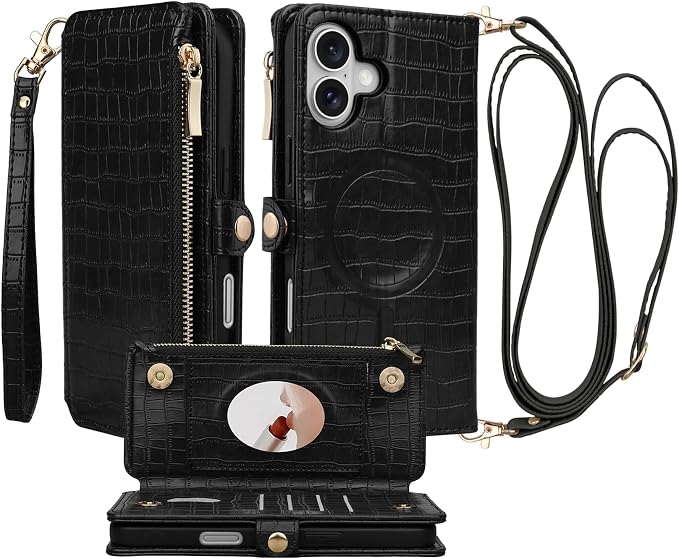 Crossbody Wallet Case for iPhone 16 Plus with Mirror, Wrist Strap, Zipper Purse Magnetic Flip RFID Blocking Card Holder, Wireless Charging, PU Leather Shockproof 6.7" Women (Black)