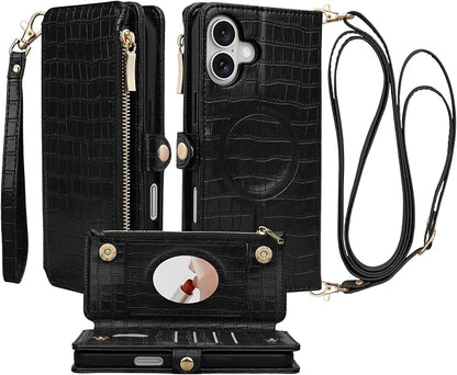 Crossbody Wallet Case for iPhone 16 Plus with Mirror, Wrist Strap, Zipper Purse Magnetic Flip RFID Blocking Card Holder, Wireless Charging, PU Leather Shockproof 6.7" Women (Black)