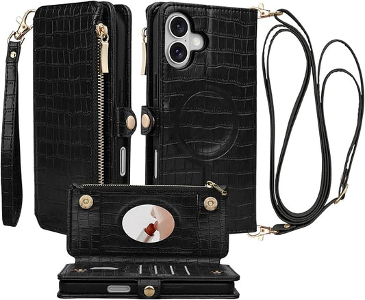 Crossbody Wallet Case for iPhone 16 Plus with Mirror, Wrist Strap, Zipper Purse Magnetic Flip RFID Blocking Card Holder, Wireless Charging, PU Leather Shockproof 6.7" Women (Black)