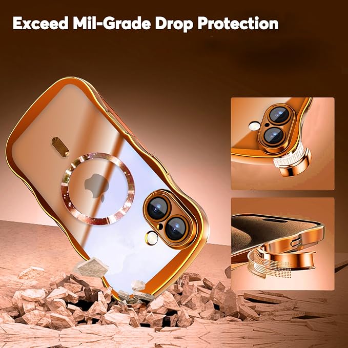Misscase for iPhone 16 Case with Privacy Screen Protector,Compatible with MagSafe,Cute Wave Frame Anti-Scratch Case with Camera Lens Protector Plating Bling Case for iPhone 16 6.1" Women Orange