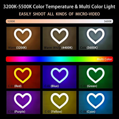Heart Ring Light, 13" Desk Ring Light with Extendable Selfie Stick Stand for Laptop Video Conference Lighting with Phone Holder Height Adjustable 47 Color Modes for Live Stream/Makeup Compatible