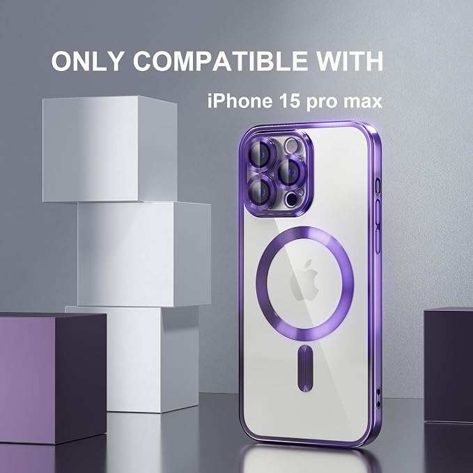 Misea Magnetic for iPhone 15 Pro Max Case with MagSafe [Never Yellowing] [Military Grade Drop Protection] Full Camera Lens Protector Plating Soft Clear Phone Case for Women Girls, Purple
