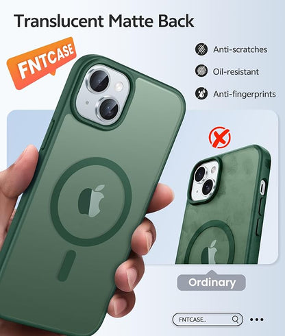 FNTCASE for iPhone 15 Case: for iPhone 14 Case & iPhone 13 Case [Compatible with Magsafe] Translucent Matte Cases with [Screen Protector] Military Grade Shockproof Protective Phone Cover - Green