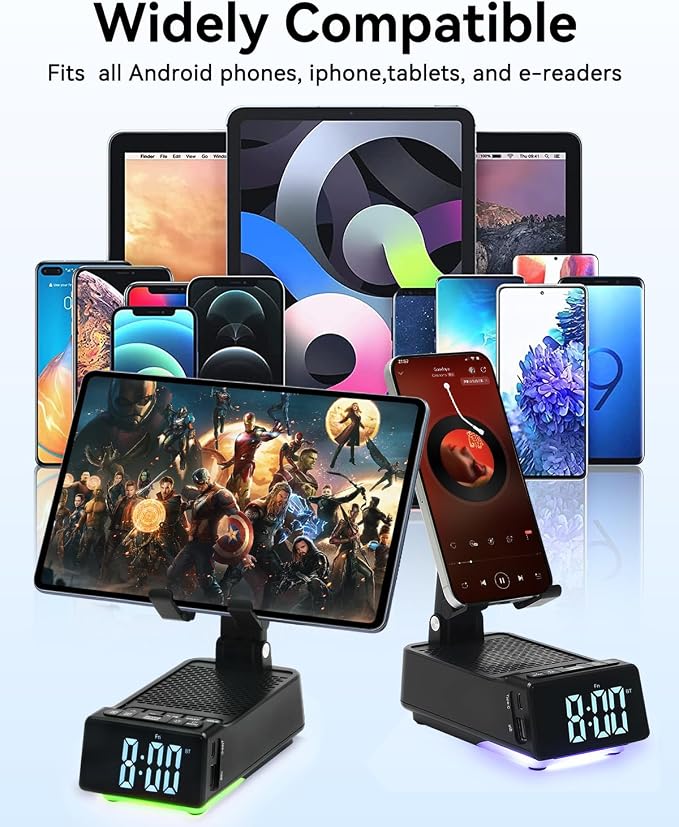 Father's Day Gifts for Dad, Birthday Gifts for Men, 7 in 1 Phone Stand Bluetooth Speaker with Alarm Clock, Wireless Charger, Light, USB Playback & Hands-Free Calling