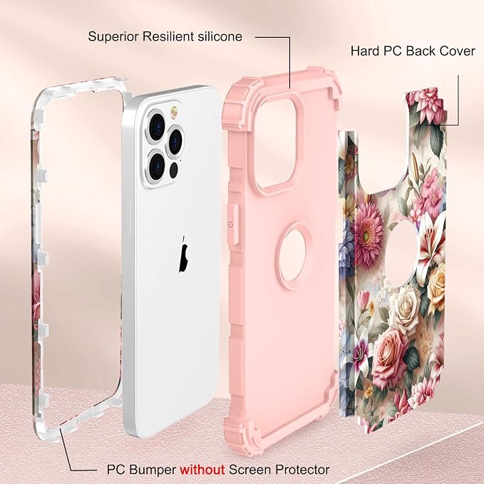 Hocase for iPhone 13 Pro Max Case, Heavy Duty Shockproof Protection Soft Silicone Rubber Bumper+Hard Plastic Hybrid Protective Case for iPhone 13 Pro Max (6.7") 2021 - Rose & Lily Flowers