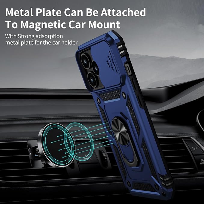 Weycolor for iPhone 14 Pro Max Case with Camera Lens Cover, HD Screen Protector, 10 FT Military Grade Drop Protection, Magnetic Ring Holder Kickstand Protective Phone Case, Navy Blue