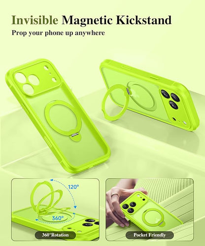 BERFY for iPhone 17 Pro Max Case, Compatible with MagSafe, Built in Privacy Screen Protector, Shockproof Full Body Phone Case for 17 Pro Max with Magnetic Stand, Translucent Bright Green