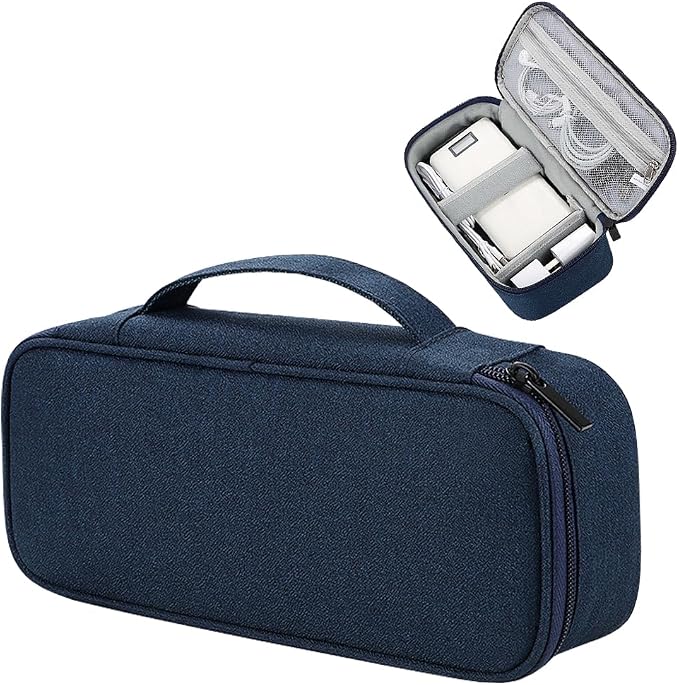 Teskyer Tech Organizer Pouch with Handle, Navy Blue | Water-Resistant Fabric, Adjustable Dividers, Multiple Compartments, Protective Lining, Travel and Office Use