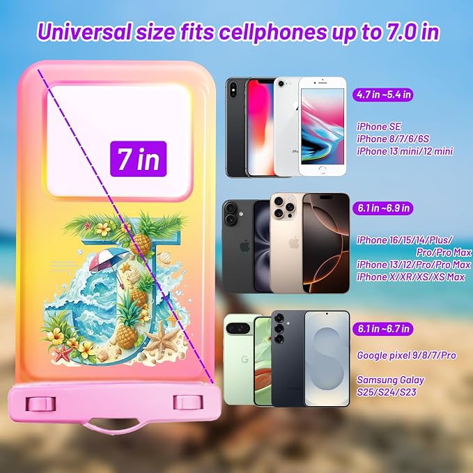 Personalized Initial Waterproof Phone Pouch Case - IPX8 Cellphone Dry Bag with Lanyard for iPhone 16/15/14/13/12 Pro Max (6.1–6.9"), Beach & Cruise Ship Essentials with Monogrammed Design (Pink, J)