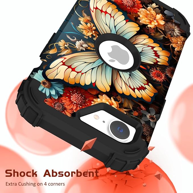 Hocase for iPhone 17e/iPhone 16e Case, Heavy Duty Shockproof Protection Hard Plastic+Silicone Rubber Hybrid Protective Phone Case for iPhone 17e/16e 6.1" - Butterfly on Flowers