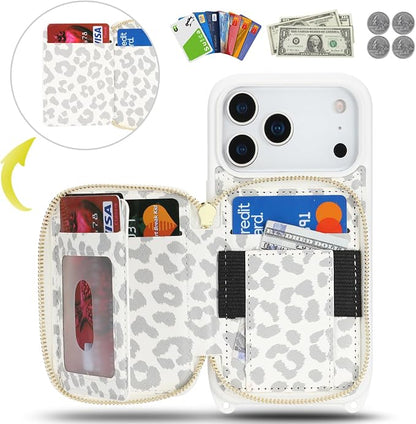 Crossbody Wallet Case for iPhone 17 Pro, PU Leather Zipper Handbag Purse Flip Cover, Kickstand Folio Case with Card Slots Holder Wrist Strap Lanyard 5G 6.3 Inch-White Leopard