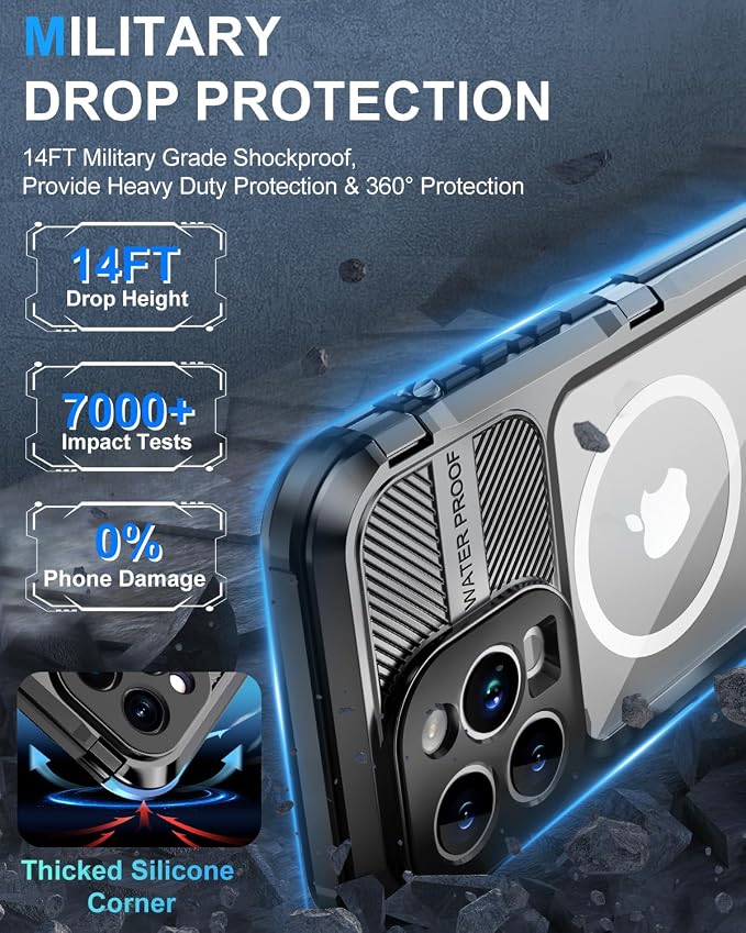 WIFORT for iPhone 13 Pro Max Waterproof Case, Metal Heavy Duty Phone Case Built-in Screen Protector IP68 Water Proof 15FT Military Grade Shockproof, Full Body Drop Protection Cover, 6.7" Black