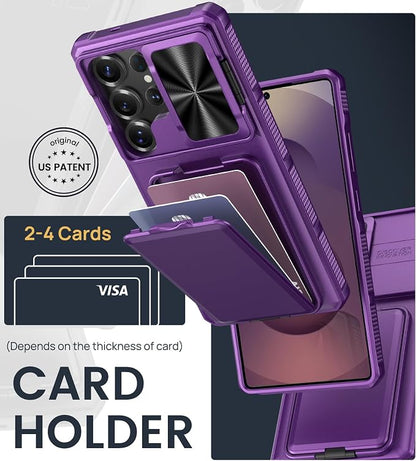 SSLOTSCASE for Samsung Galaxy S25 Ultra Case with Card Holder & Lens Cover & Hidden Kickstand, Silicone Edge Durable Protective Wallet Phone Case Cover for Galaxy S25 Ultra 6.9'', Dark Purple