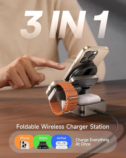 ZEEHOO 3-in-1 Foldable Magnetic Wireless Charging Station, Qi2 Certified 15W Travel Charger Stand Dock Wireless Charger for iPhone 17/16/15/14/13/12 Series, Apple Watch, AirPods (30W Adapter Included)