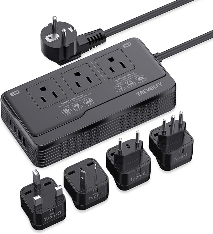 2000W Voltage Converter US to Europe for Hair Dryers, 7-in-1 220V to 110V Converter for European Travel with 3 AC/2 USBA/2 USBC Ports, Power Converter Adapter Combo with Type G/C/I/L Plugs
