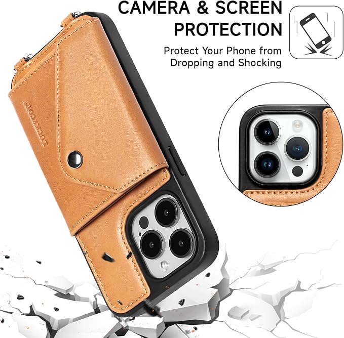 LUCKYCOIN for iPhone 15 Pro Max Crossbody Wallet Case – Genuine Leather Phone Purse with Adjustable Strap and Card Holder,Lanyard Phone Purse Case for Women,Vintage Tan