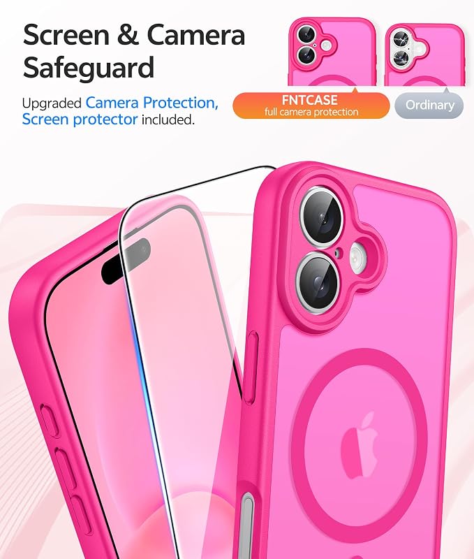 FNTCASE for iPhone 16 Case [Compatible with Magsafe] Translucent Matte Cases with [Screen Protector] Military Grade Shockproof Protective Phone Cover - Hot Pink