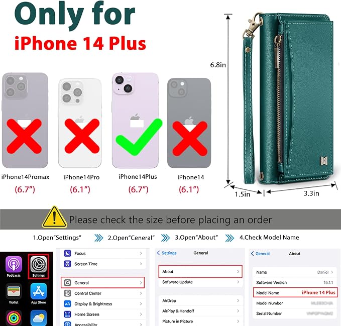Wallet Case for iPhone 14 Plus with Card Holder/Crossbody Wallet/Strap| RFID Blocking | Magnetic | Kickstand | Detachable | PU Leather Phone Case for iPhone 14 Plus,6.7 in,Green
