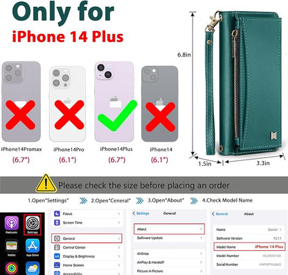 Wallet Case for iPhone 14 Plus with Card Holder/Crossbody Wallet/Strap| RFID Blocking | Magnetic | Kickstand | Detachable | PU Leather Phone Case for iPhone 14 Plus,6.7 in,Green