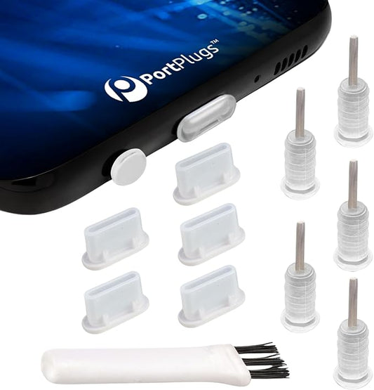 PortPlugs USB-C Dust Plugs for Galaxy S10/S9/S8, A72, A52, M51 & Other USB-C Devices with Headphone Jacks – Anti-Dust Covers with SIM Tool & Cleaning Brush | Clear (5-Pairs)