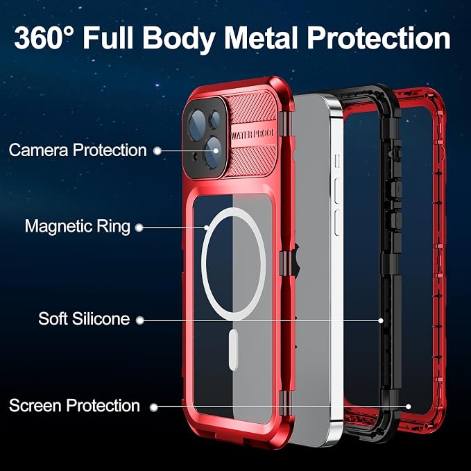 WIFORT for iPhone 14 Plus Waterproof Case - Built-in [Screen Protector][IP68 Water Proof][14FT Military Grade Shockproof], Rugged Metal Full Body Aluminum Protective Drop Protection Cover, 6.7" Red