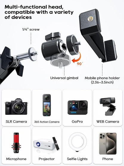 Overhead Camera Mount, Desk Camera Mount with Articulating Arm, 5lb Load Capacity, 360° Adjustable Stand for Phone/DSLR/Webcam, C-Clamp Tabletop Mount for Video Recording, YouTube, Live Streaming
