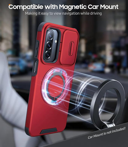 JAME for Samsung Galaxy A57 5G Case, Ring Holder Stand Kickstand, Slide Camera Cover, 2 Screen Protectors, Dual-Layer Shockproof Protective, Magnetic Accessory Friendly Galaxy A57 Phone Case, Red
