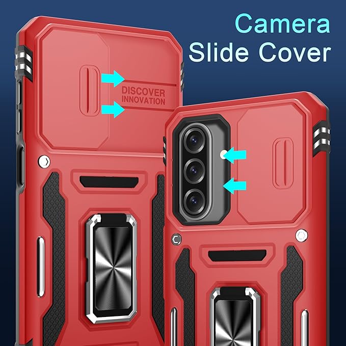 DEERLAMN Case for Samsung Galaxy A17 5G with Slide Camera Cover+Screen Protector (1 Pack), Rotated Ring Kickstand Military Grade Shockproof Protective Cover-Red
