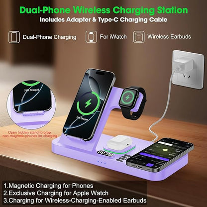 Dual Phone Wireless Charging Station for Apple Devices, Magnetic Charging Station for iPhone with Auto Switch 7-Color Light&Clock, Family Watch Charger for iPhone17 for iWatch11 for AirPods Pro3(Lilac