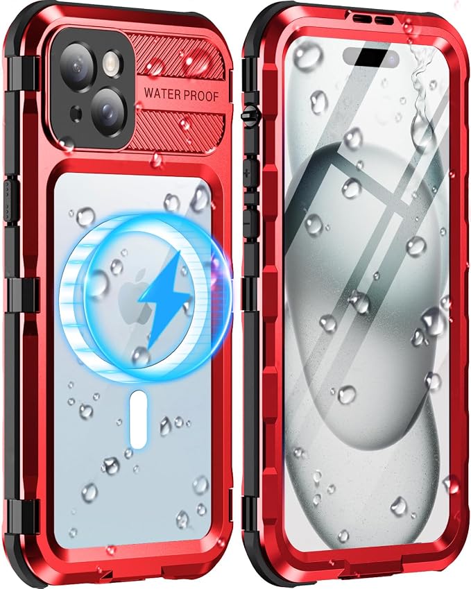 WIFORT for iPhone 15 Plus Waterproof Case - Built-in [Screen Protector][IP68 Water Proof][14FT Military Grade Shockproof], Rugged Metal Full Body Aluminum Protective Drop Protection Cover, 6.7" Red