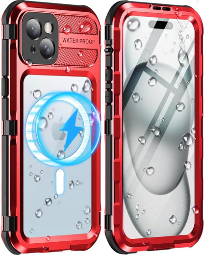 WIFORT for iPhone 15 Plus Waterproof Case - Built-in [Screen Protector][IP68 Water Proof][14FT Military Grade Shockproof], Rugged Metal Full Body Aluminum Protective Drop Protection Cover, 6.7" Red