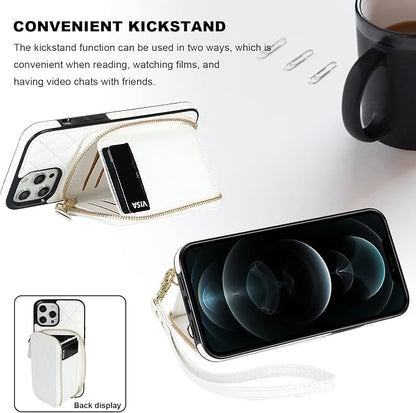 Bocasal Crossbody Wallet Case for iPhone 12 Pro Max, RFID Blocking PU Leather Zipper Handbag Purse Flip Cover, Kickstand Folio Case with Card Slots Holder Wrist Strap Lanyard 5G 6.7 Inch (White)