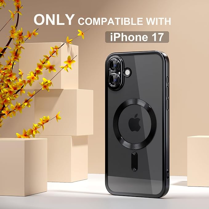 Misea Magnetic for iPhone 17 Case Compatible with MagSafe [Never Yellowing] [Military Grade Drop Protection] Full Camera Lens Protector Plating Soft Clear Phone Case for Women, Black