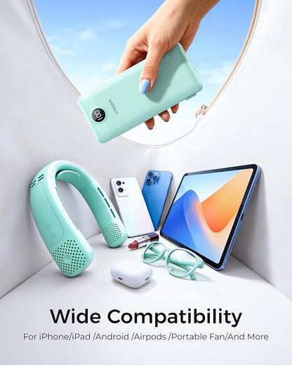 VEGER Portable Charger with Built-in AC Plug and Cables, All in One 10000mAh Ultra Slim Power Bank Travel Essentials, USB C External Battery Pack Compatible with iPhone, Samsung, More, Green