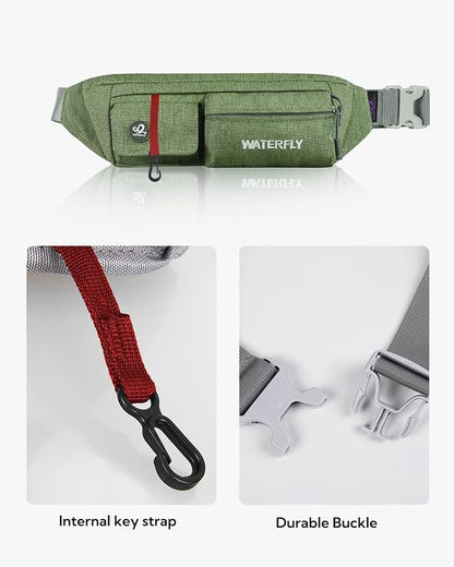 WATERFLY Fanny Pack Slim Soft Polyester Water Resistant Waist Bag Pack for Man Women Carrying iPhone 8 Samsung S6 (green)