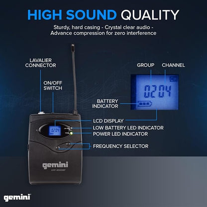 Gemini Sound UHF-6100HL Wireless Mic System – UHF Receiver with 256 Selectable Frequencies, Headset & Lavalier Mic, 240ft Range, LCD Display, Noise-Free Audio for Performers & Instructors