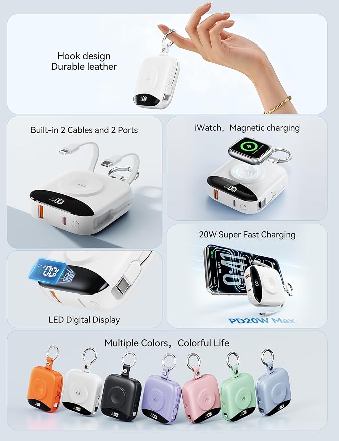 Portable Charger Power Bank, 10000mAh Fast Charging Power Bank with Built-in Cables, Travel Keychain Battery Pack with LED Display for iPhone Samsung Android iPad iWatch Charger 11/10/9/8/Ultra, White