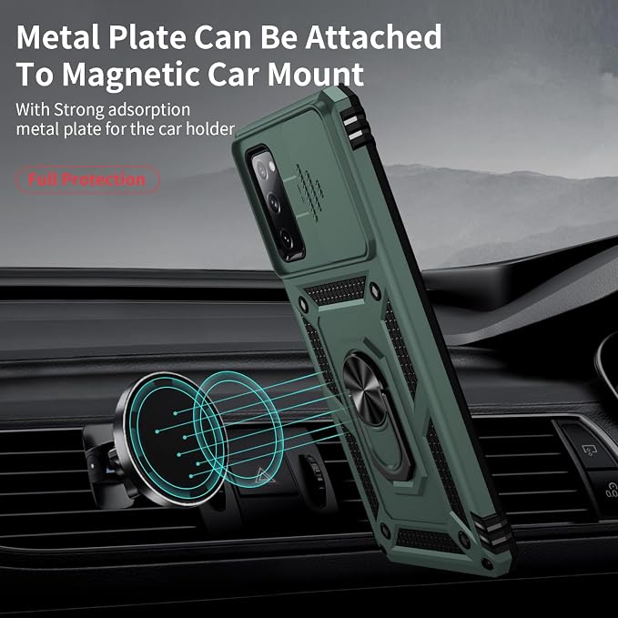 Weycolor for Samsung Galaxy S20 FE 5G Case with Camera Lens Cover, HD Screen Protector, 10 FT Military Grade Drop Protection, Magnetic Ring Holder Kickstand Protective Phone Case, Pine Green