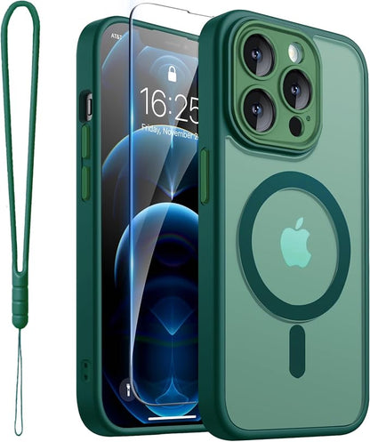 ROYBENS for iPhone 12 Pro-Max Matte Clear Case Compatible with Magsafe, Full Camera Lens Protection, Screen Protector, Wrist Strap, Translucent Magnetic Slim Hard Protective Phone Cover, Green