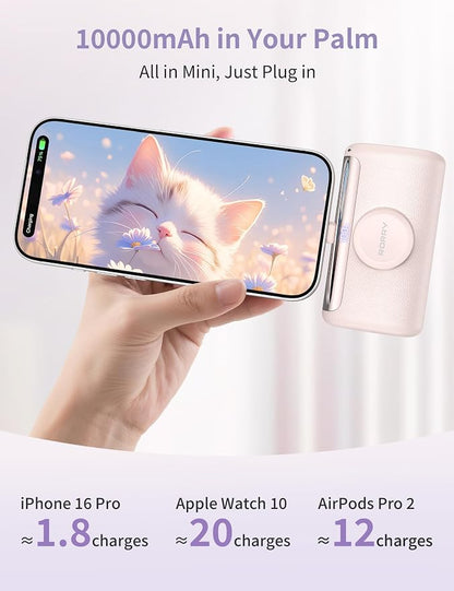 RORRY PalmGo Portable Charger Power Bank 10000mAh 3-in-1 Mini Battery Pack | Built-in USB-C Connector, 22.5W Fast Charging, for iPhone 17/16/15, Apple Watch, iPad, Travel Essential, Pocket Size