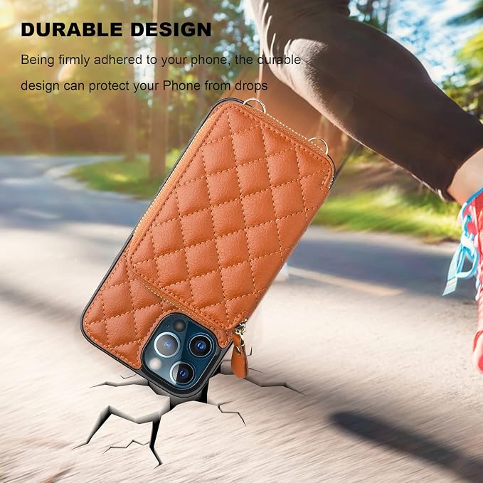 Bocasal Crossbody Wallet Case for iPhone 12 Pro Max, RFID Blocking PU Leather Zipper Handbag Purse Flip Cover, Kickstand Folio Case with Card Slots Holder Wrist Strap Lanyard 5G 6.7 Inch (Brown)