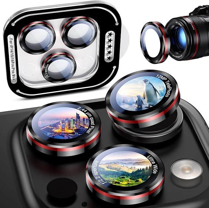 Uyiton for iPhone 17/16/15/14 (Pro Max & Pro) Camera Lens Protector - [Case-Friendly][Ultra-Thin] Military-Grade Tempered Glass Metal Camera Cover, Easy to Install, Black+Red
