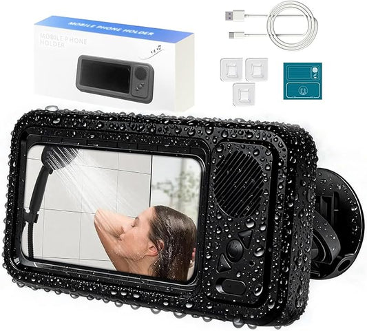 Waterproof Phone Holder with Speaker, Shower Phone Holder Waterproof, Shower Phones Holder with Wireless Bluetooth Speaker Aqua with 360° Rotation Ipx4 Shower Play (Black)