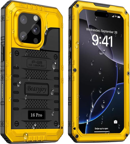 Beasyjoy for iPhone 16 Pro Case Waterproof, Metal Heavy Duty Full Body Protective Case with Built-in Screen Protector, Military Grade Shockproof Dustproof Defender Cover for iPhone 16 Pro 6.3", Yellow