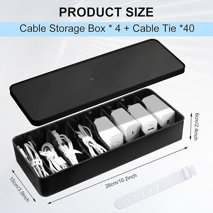Tatuo 4 Pcs Cord Organizer for Drawer Desktop, Cable Organizer Box with 8 Compartments and Wire Ties, Plastic Charger Storage with Lid, Electronics Case for Home Office Accessories (Small,Black)