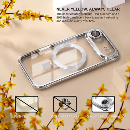 Misea Magnetic for iPhone 17 Air Case Compatible with MagSafe [Never Yellowing] [Military Grade Drop Protection] Full Camera Lens Protector Plating Soft Clear Phone Case for Women, Silver