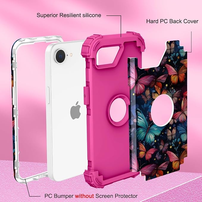 Hocase for iPhone 17e/iPhone 16e Case, Heavy Duty Shockproof Protection Hard Plastic+Silicone Rubber Hybrid Protective Phone Case for iPhone 17e/16e 6.1" - Flying Butterfly